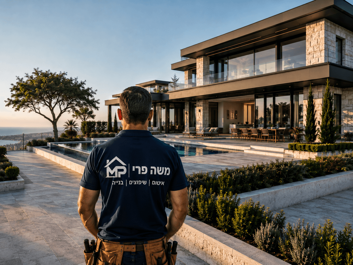 איש צוות משה פרי מול וילה יוקרתית עם בריכה - איטום, שיפוצים ובנייה